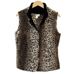 Coldwater Creek Leopard Print Faux Fur Vest Corduroy Collar Button Front Women L